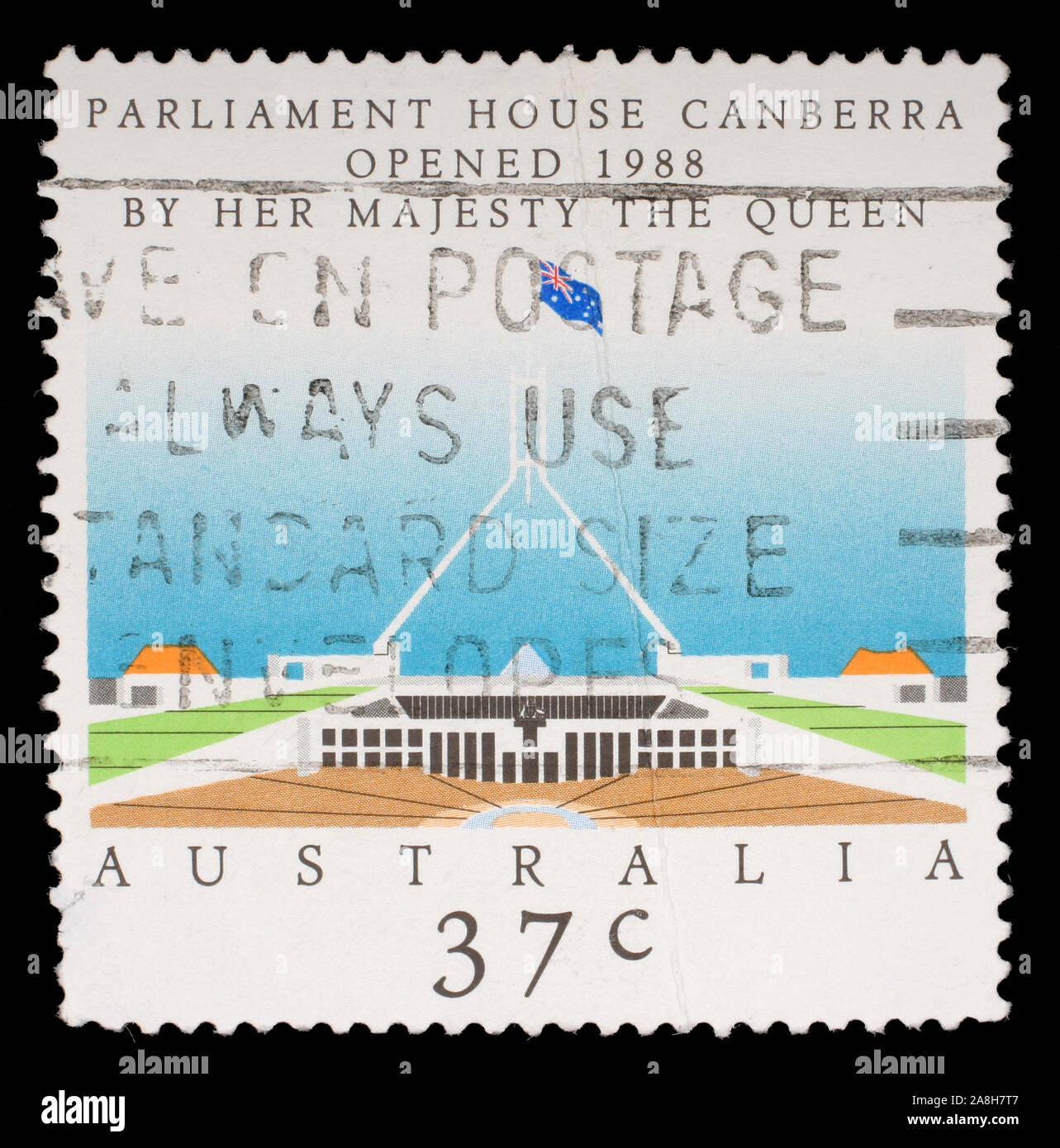 Timbres par l'Australie, montre l'ouverture de la Maison du Parlement, Canberra, circa 1988 Banque D'Images