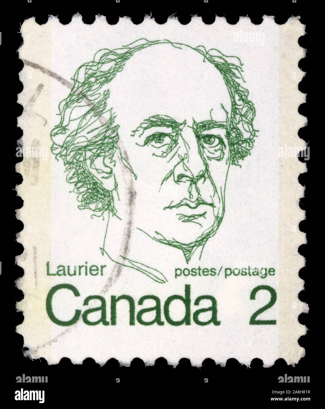 Stamp imprimé au Canada montre un portrait du premier ministre Sir Wilfrid Laurier, vers 1972. Banque D'Images