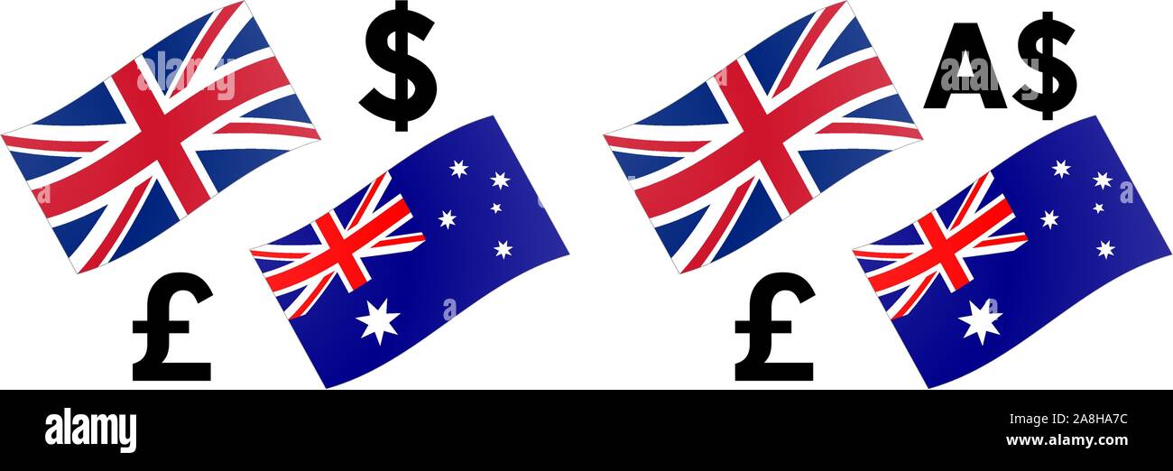 Paire de devises Forex GBPAUD illustration vectorielle. Le Royaume-Uni et l'Australie drapeau, avec la livre sterling et le dollar australien symbole. Illustration de Vecteur