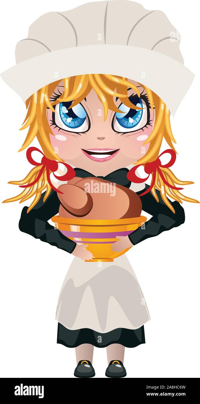 Cute cartoon girl en costume traditionnel pèlerinage de grâce holding bowl avec rôti de dinde. Illustration de Vecteur