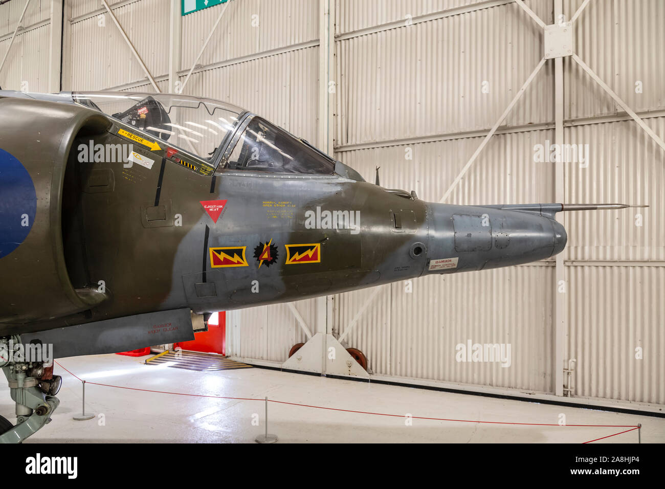Hawker Harrier sur l'affichage en musée de la RAF à Cosford, après avoir vu pendant la guerre des Malouines Banque D'Images
