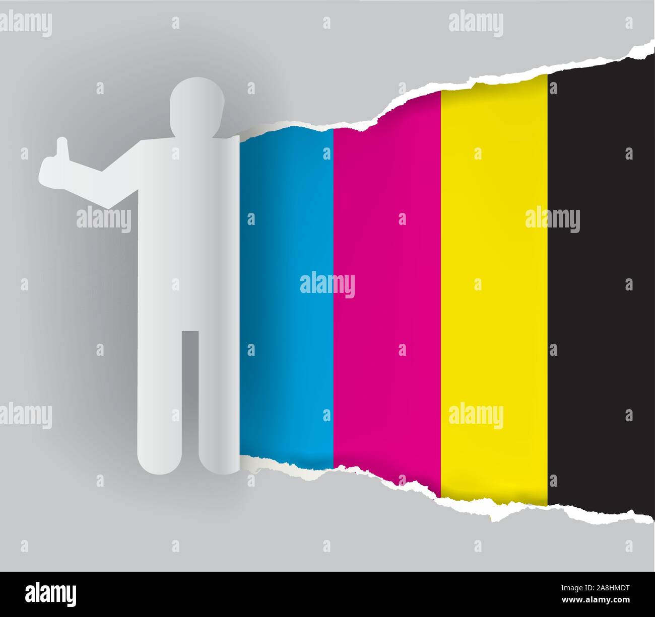 Papier homme déchirant le papier silhouette avec des couleurs d'impression. Concept de présentation de l'impression couleur. Vecteur disponible Illustration de Vecteur