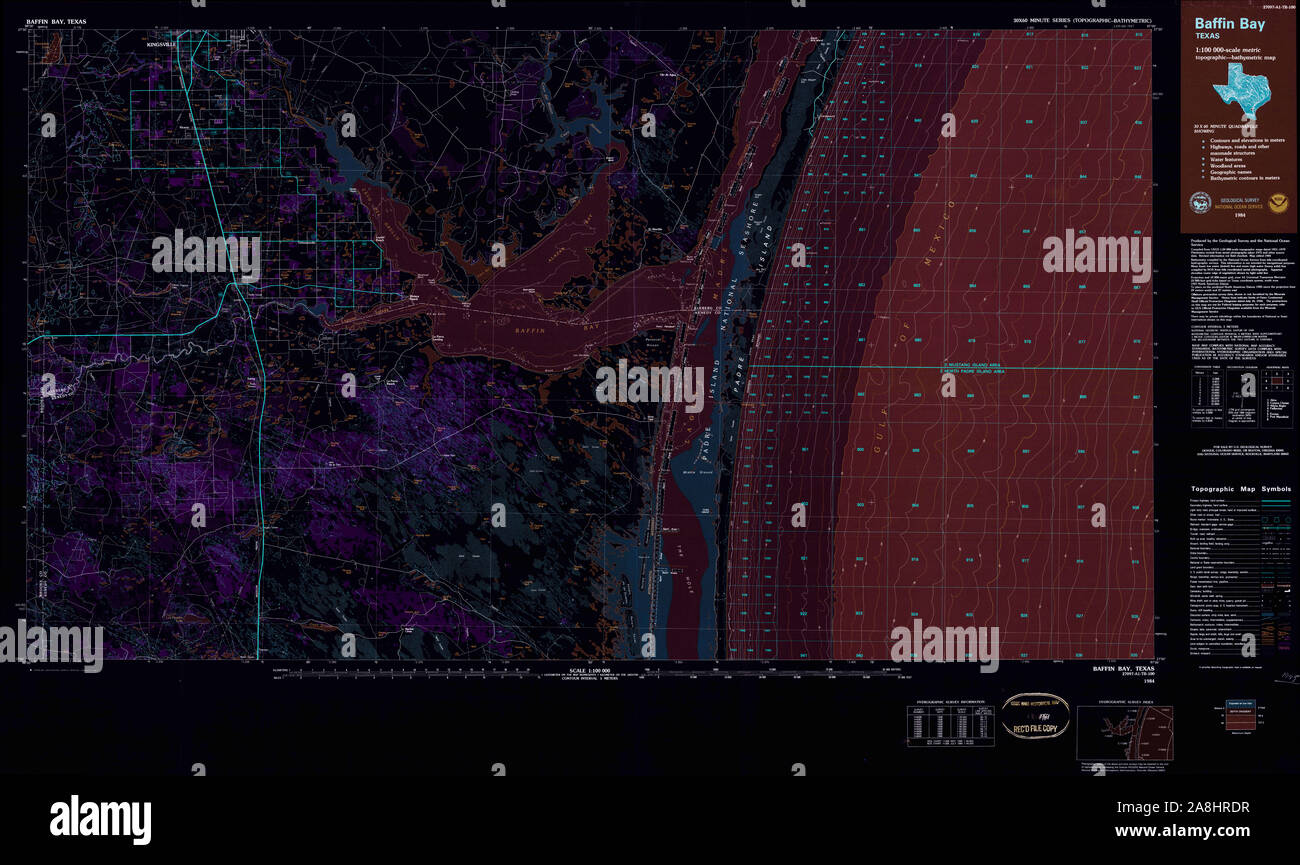 Carte TOPO USGS Texas TX de la baie de Baffin, 108175 1984 100000 Restauration inversé Banque D'Images