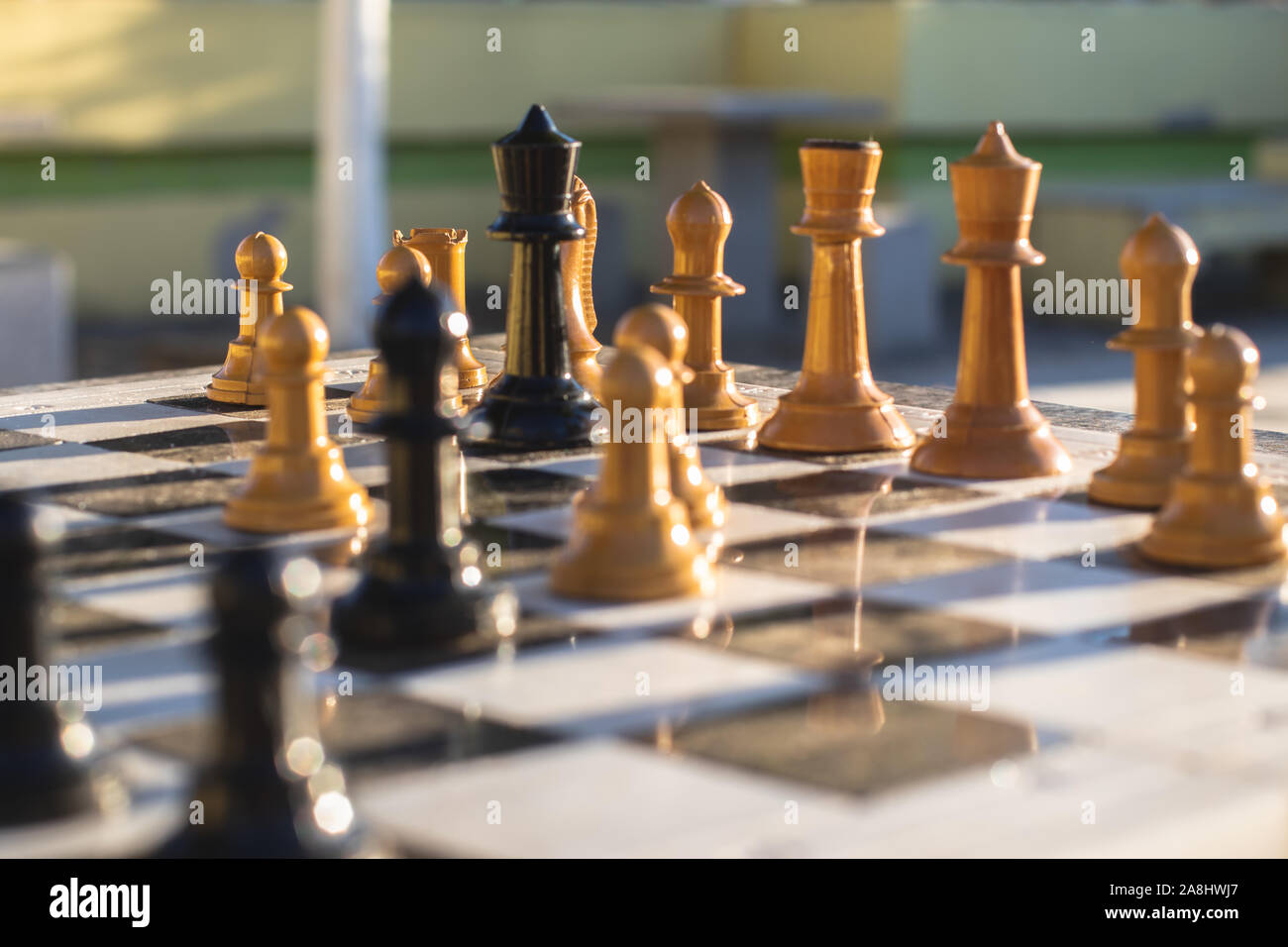 Pièces d'échecs sur un échiquier stratégique dans un jeu d'échecs dans un parc. Banque D'Images