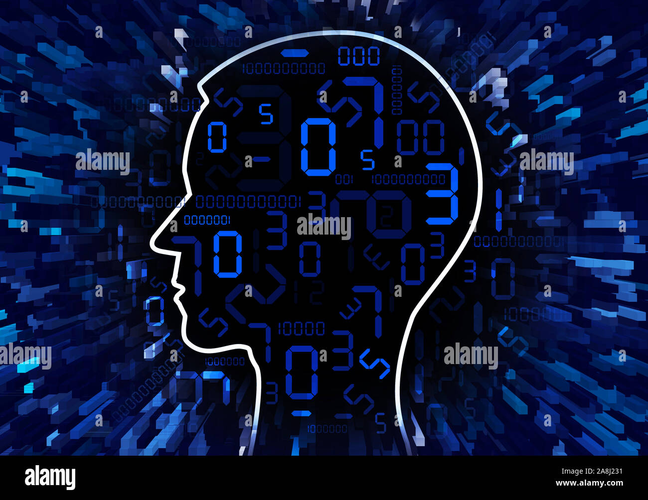 Tête humaine chaos de numérique numéros Human Head silhouette aux valeurs numériques. Concept pour la technologie numérique. Banque D'Images