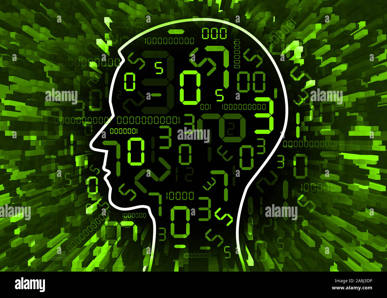 Tête humaine chaos de numérique numéros Human Head silhouette aux numéros numérique sur fond vert. Concept pour la technologie numérique. Banque D'Images