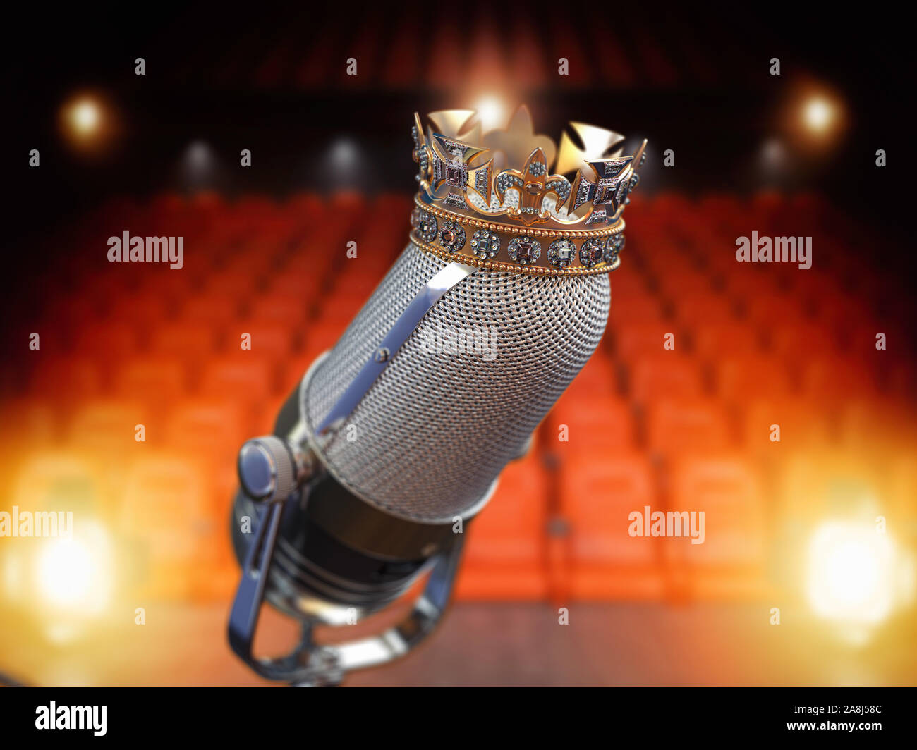 Microphone vintage et de la couronne roi. Prix de la musique, concert de meilleure chanteuse, roi de pop rock music concept background.. 3d illustration Banque D'Images