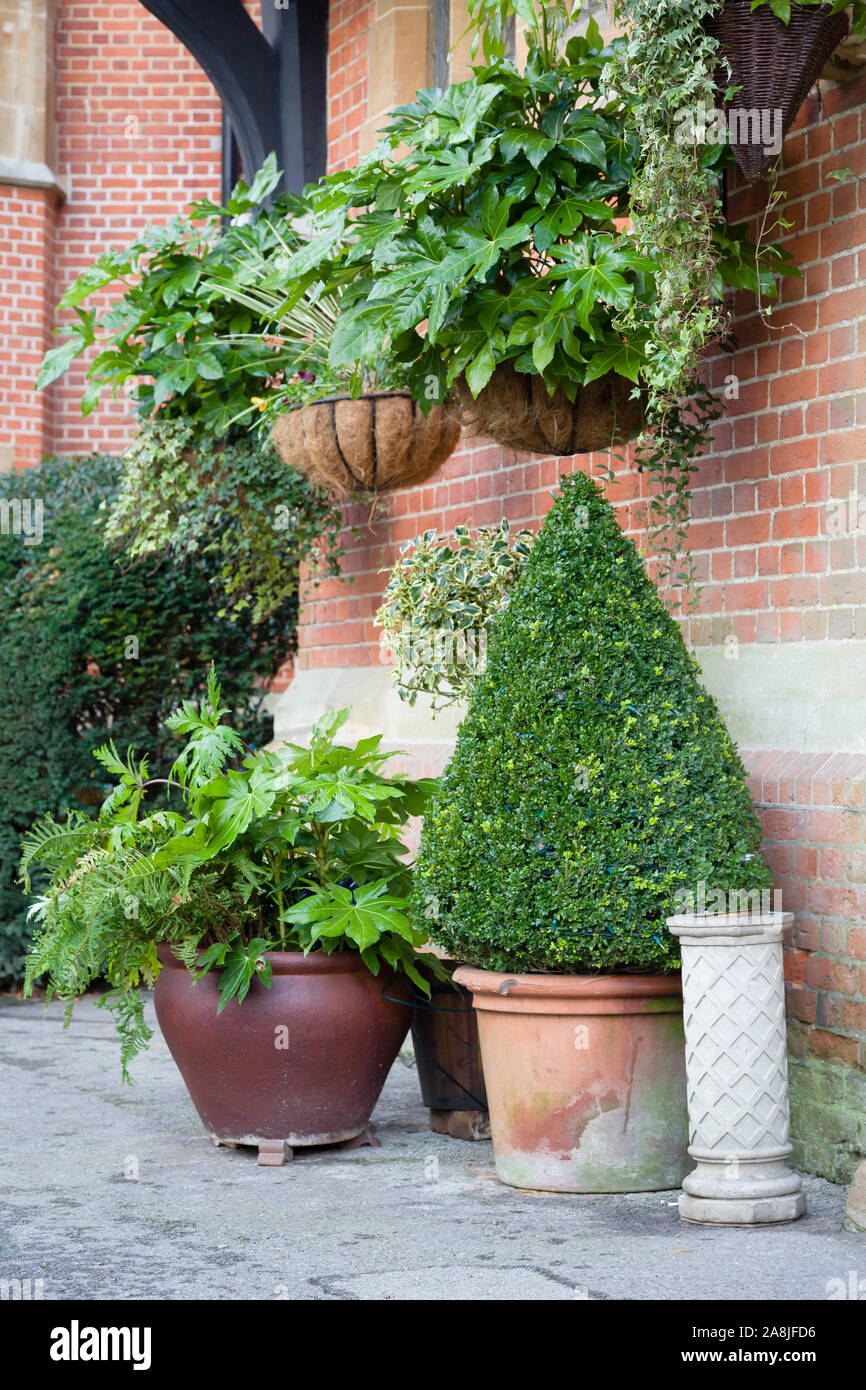 Jardin anglais avec des pots et paniers suspendus Banque D'Images