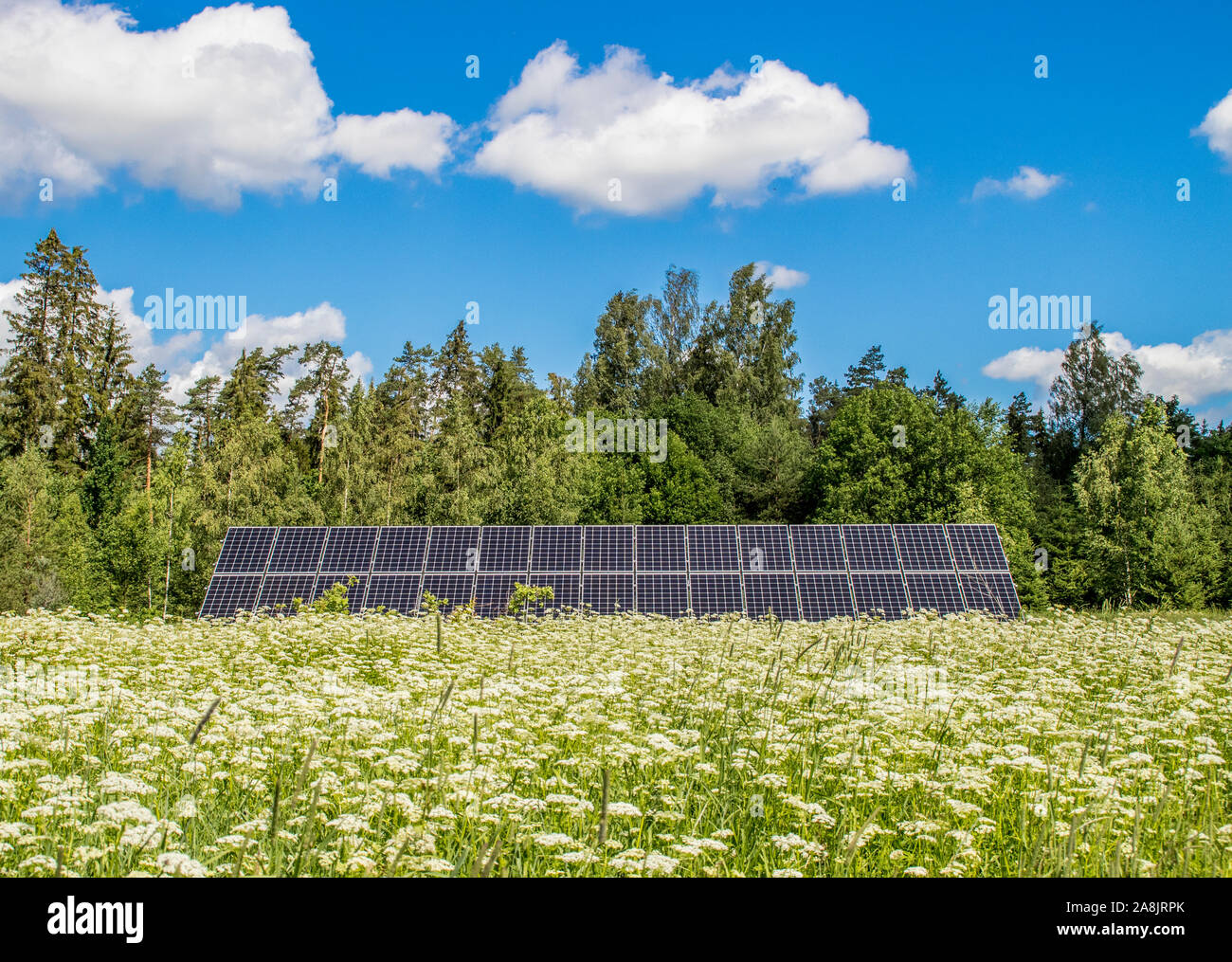 Petite ferme d'énergie solaire sur de belles prairies naturelles dans la nature. Concept d'énergie renouvelable. Prix pour le texte. Banque D'Images