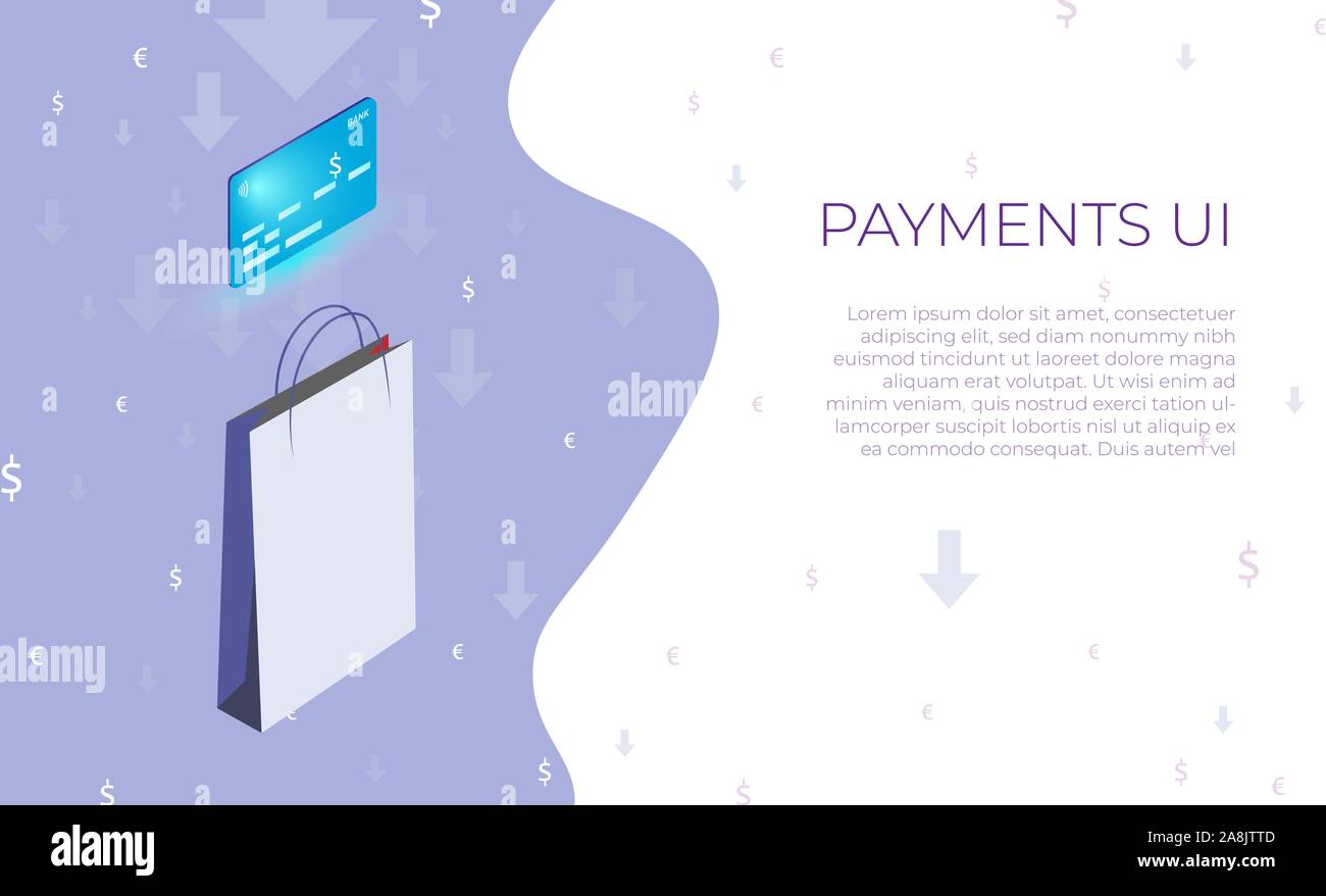 Banque isométrique de crédit ou carte de débit avec un sac shopping. L'achat et l'achat. Omline Partie de la conception d'interfaces utilisateur pour les applications et sites web. Illustration de Vecteur