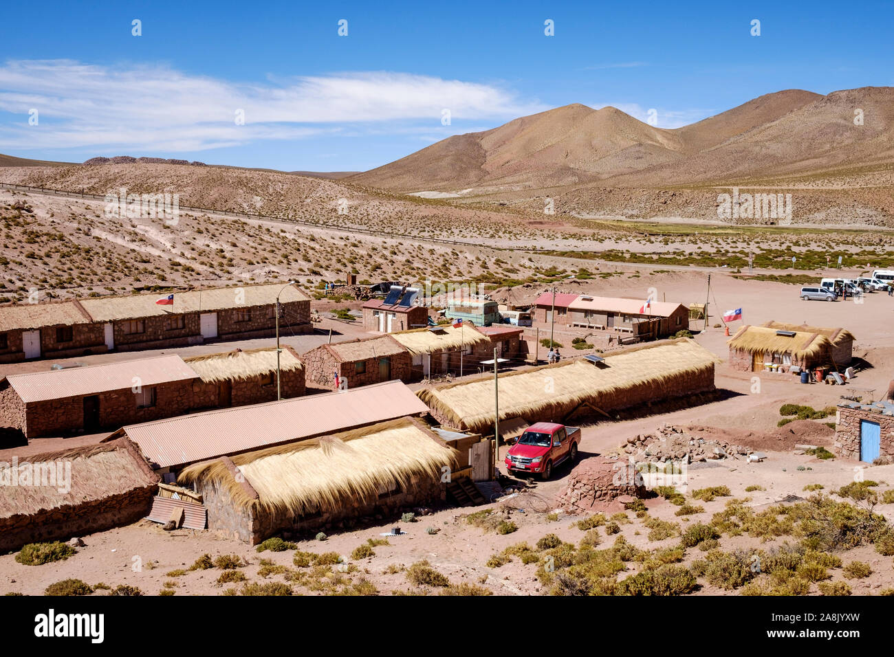 Vue panoramique sur le village de Machuca sur les hautes plaines chiliennes dans le nord du Chili Banque D'Images