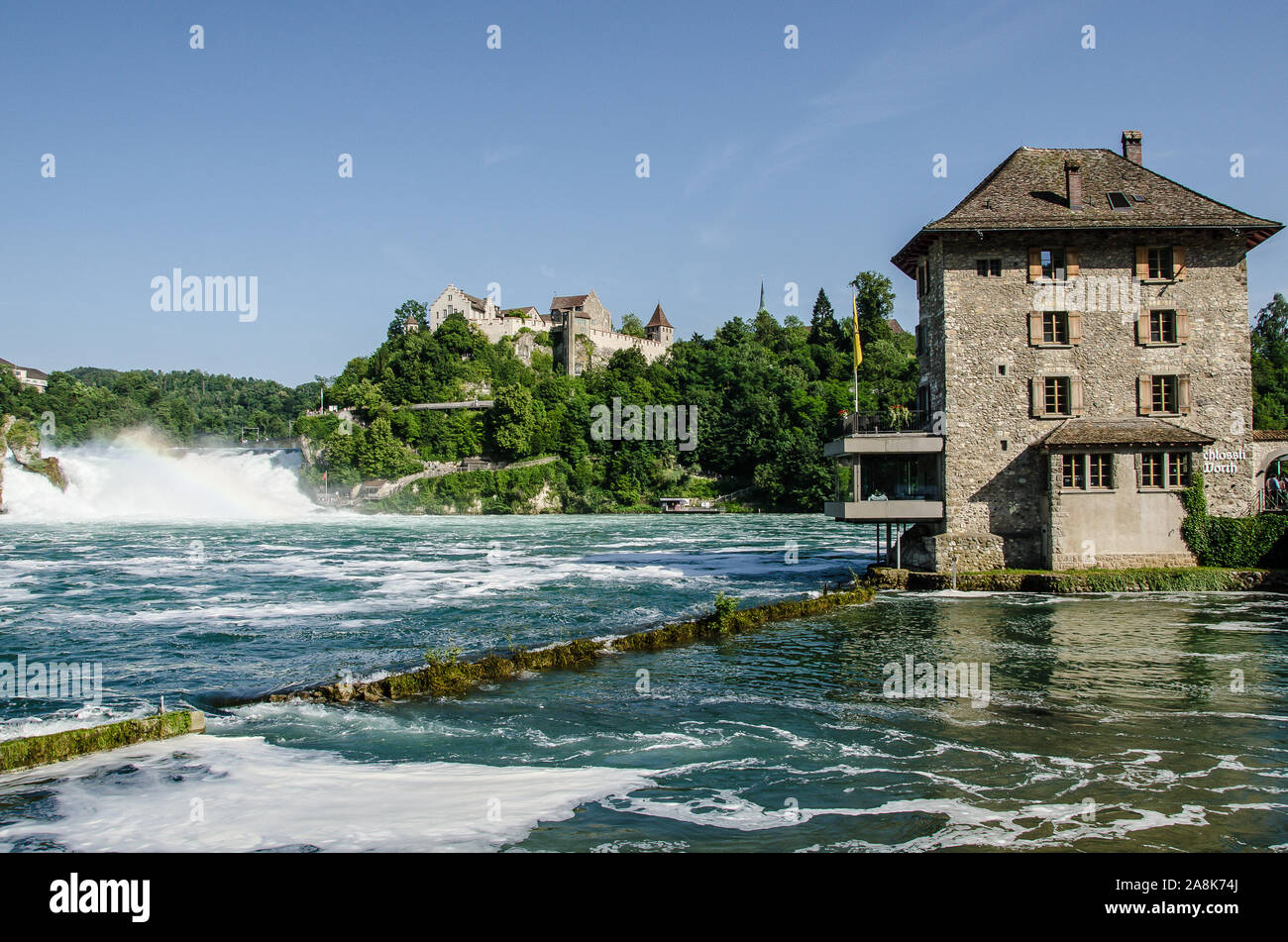 Les chutes du Rhin, la cascade la plus puissante d'Europe, sont situés sur le Haut Rhin, à la frontière entre les cantons de Schaffhouse et de Zurich. Banque D'Images