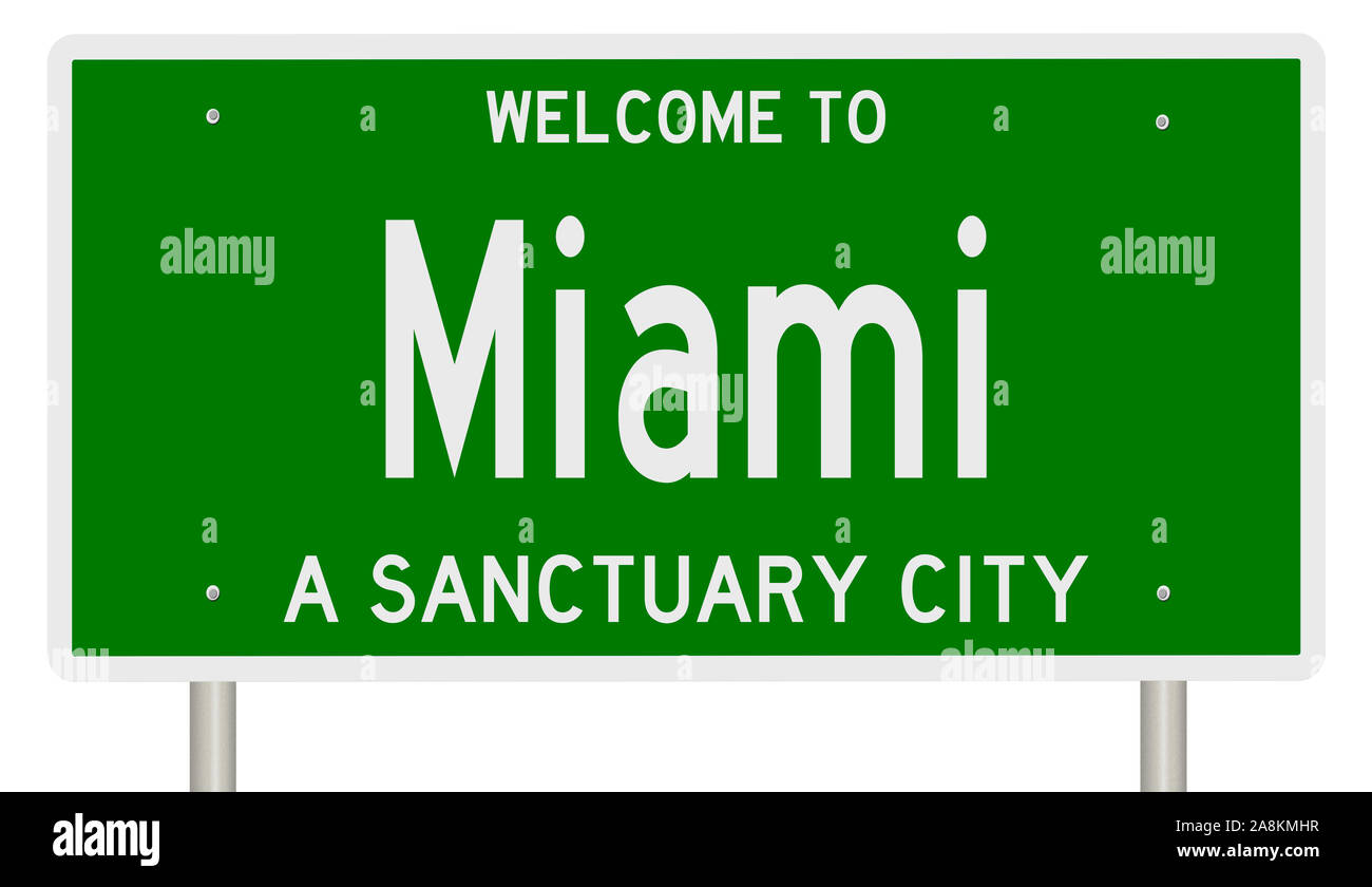D'un rendu 3d vert panneau routier pour Miami, une ville sanctuaire Banque D'Images