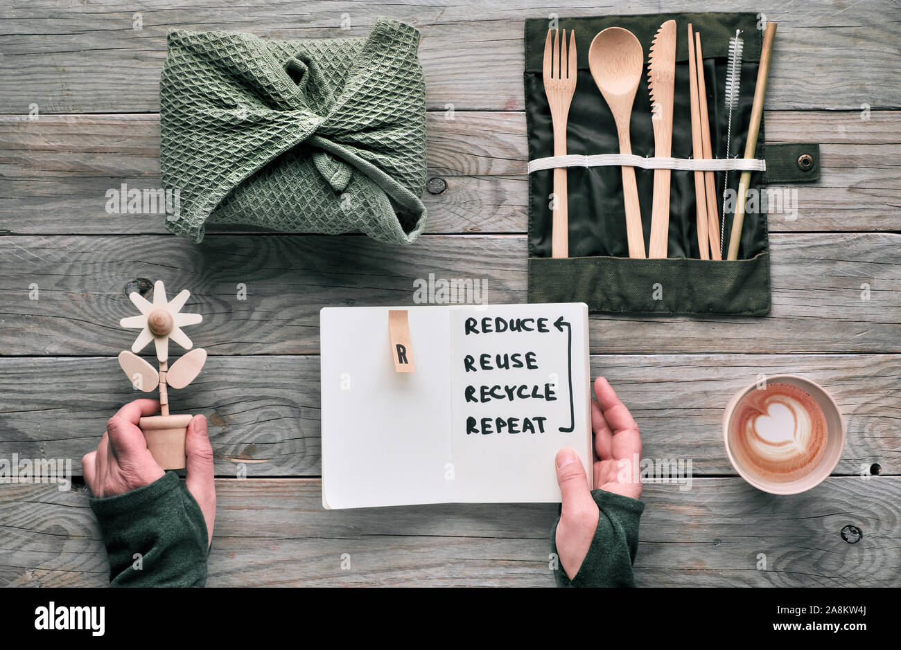 Télévision lay, zéro déchets panier-repas avec couverts en bois dans le textile, le café dans la tasse de café réutilisable. Mode de vie durable, hands holding text "réduire, r Banque D'Images