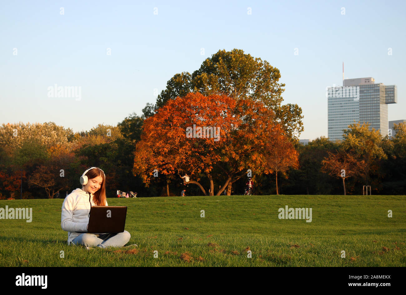 Happy woman typing on laptop en saison automne vienne du Donaupark Banque D'Images