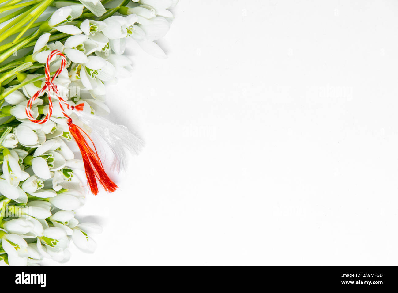 Perce-neige des fleurs sur fond blanc avec copie espace et premier mars romanian bulgarian tradition symbolique Banque D'Images