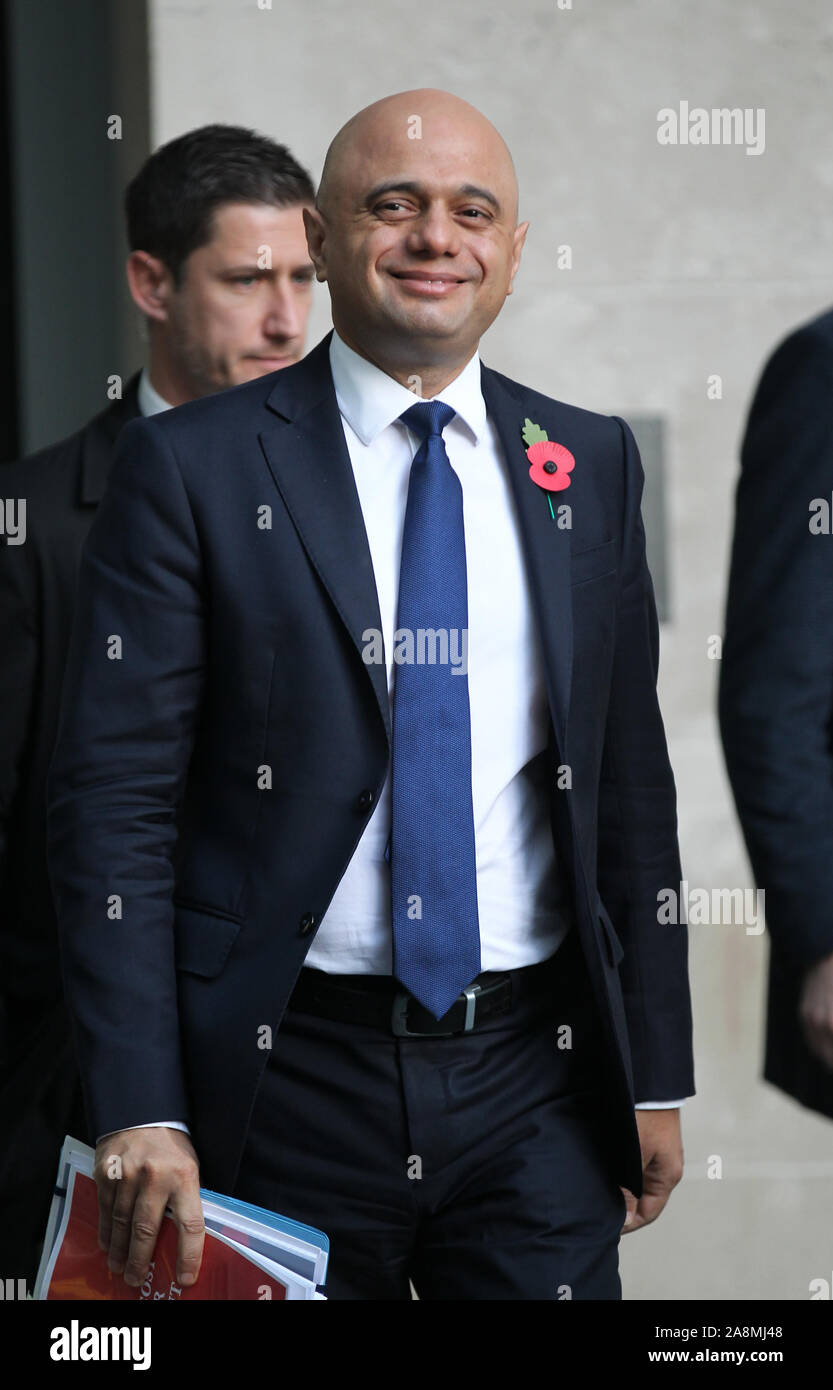 Londres, Royaume-Uni. 10 novembre 2019. Sajid Javid Chancelier de l'Échiquier vu quitter les studios de la BBC à Londres après avoir assisté à l'Andrew Marr Show. Banque D'Images