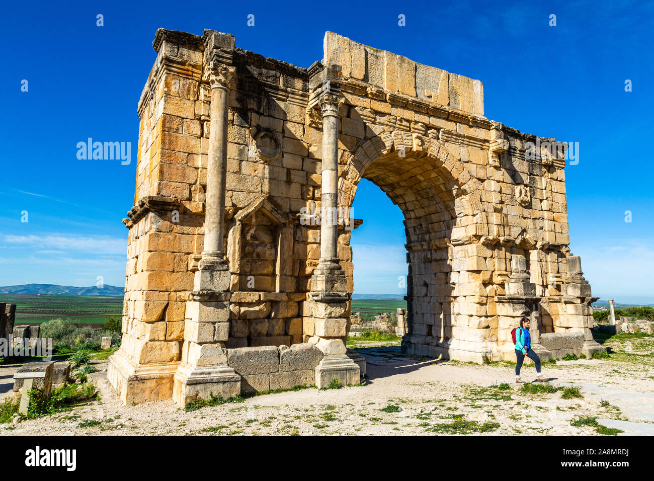 Volubilis, l'Arc de Caracalla, ruines romaines près de la ville de Meknès. Volubilis a été fouillé par les Français 1912-1956 Maroc Banque D'Images