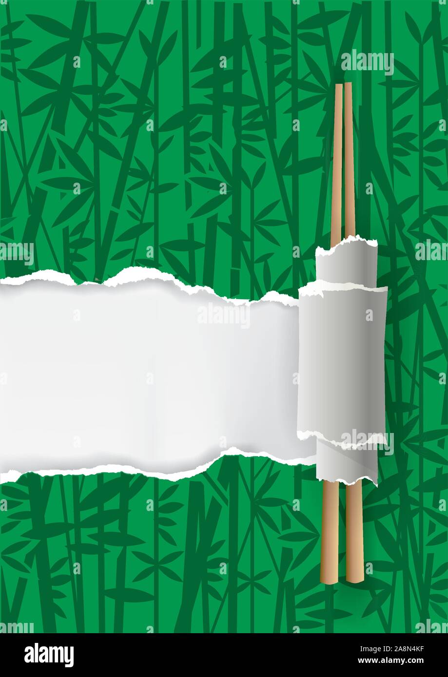 Menu restaurant la Chine, fond vert avec du bambou. Papier déchiré vert avec motif bambou et baguettes chinoises. Place pour votre texte ou image. Vec Illustration de Vecteur