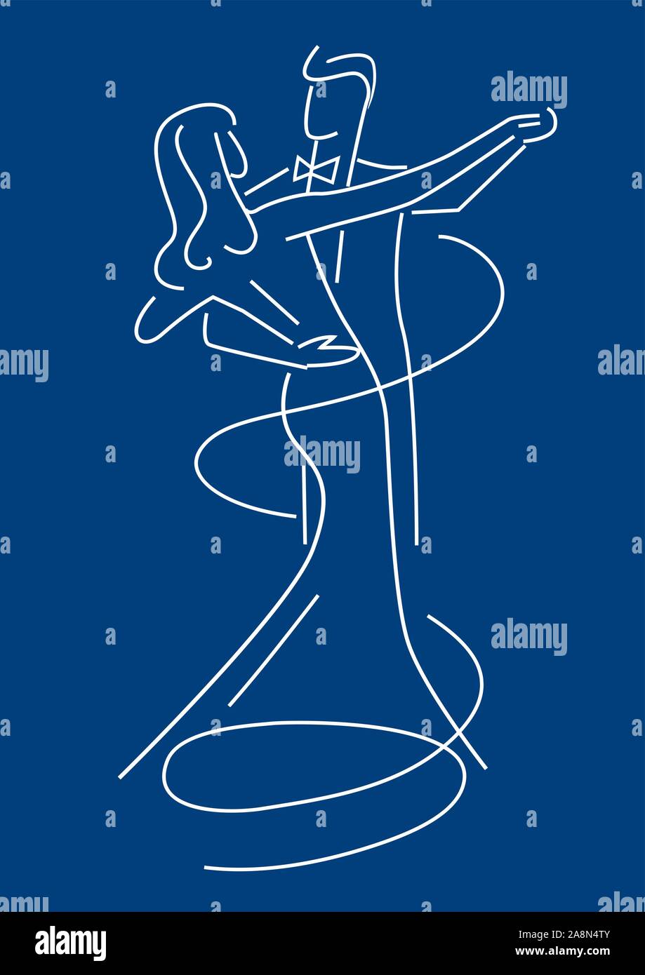 Couple de danseurs Balroom.Line art illustration stylisée de Young couple dancing bal sur fond bleu. Vector disponibles. Illustration de Vecteur