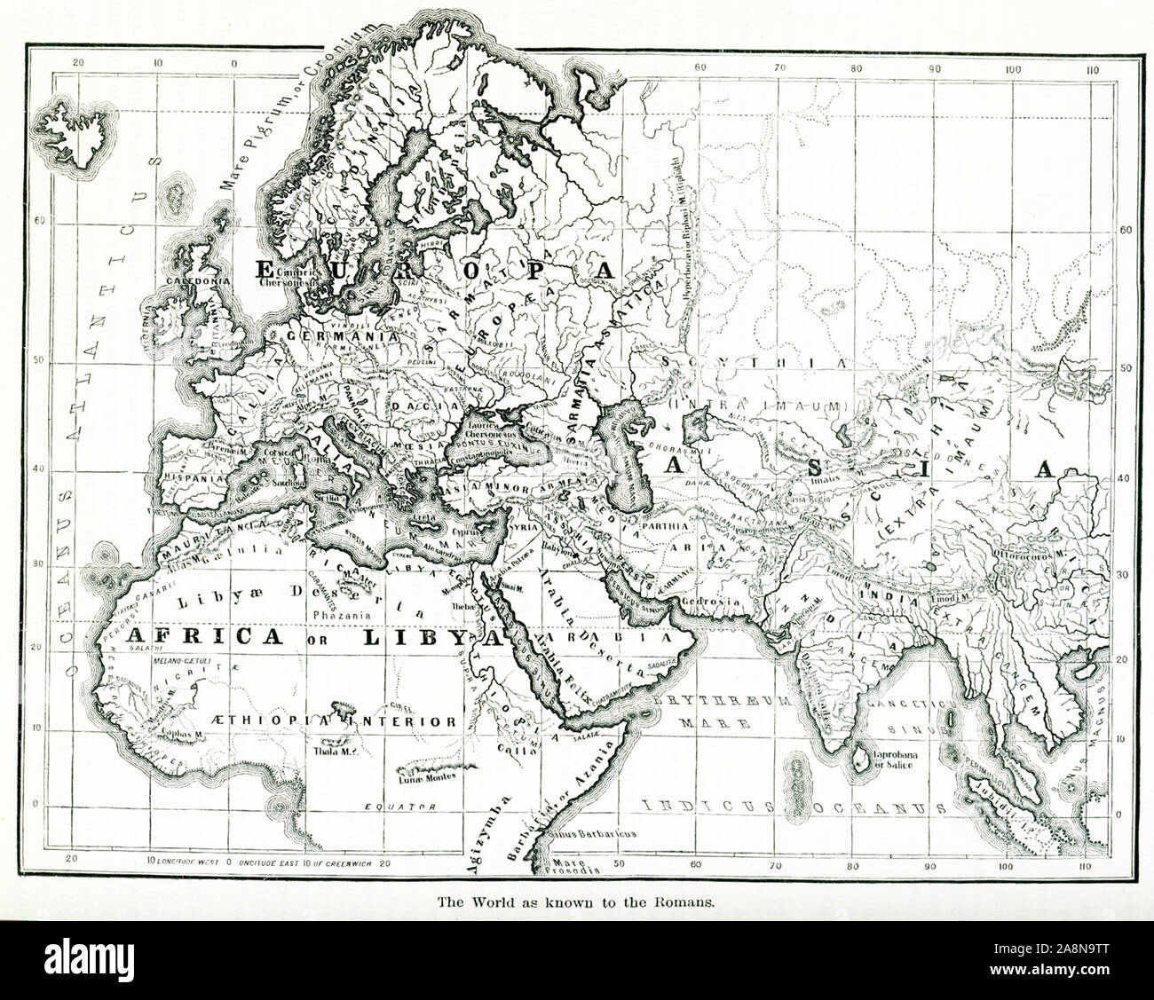 Cette carte montre le monde tel qu'il était connu des anciens Romains. L'Europe, l'Afrique et l'Asie sont tous vu dans beaucoup de détails, compte tenu de la période de temps. Banque D'Images