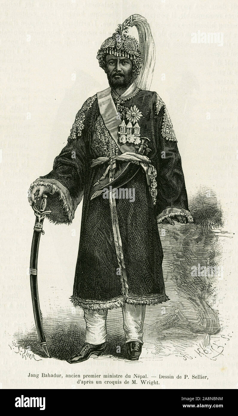 Jang Bahadur (1816-1877), premier ministre du Népal. Gravure de P.Sellier pour illustrer le recit de voyage au Népal, par le docteur Gustave Le Bon (1841 Banque D'Images
