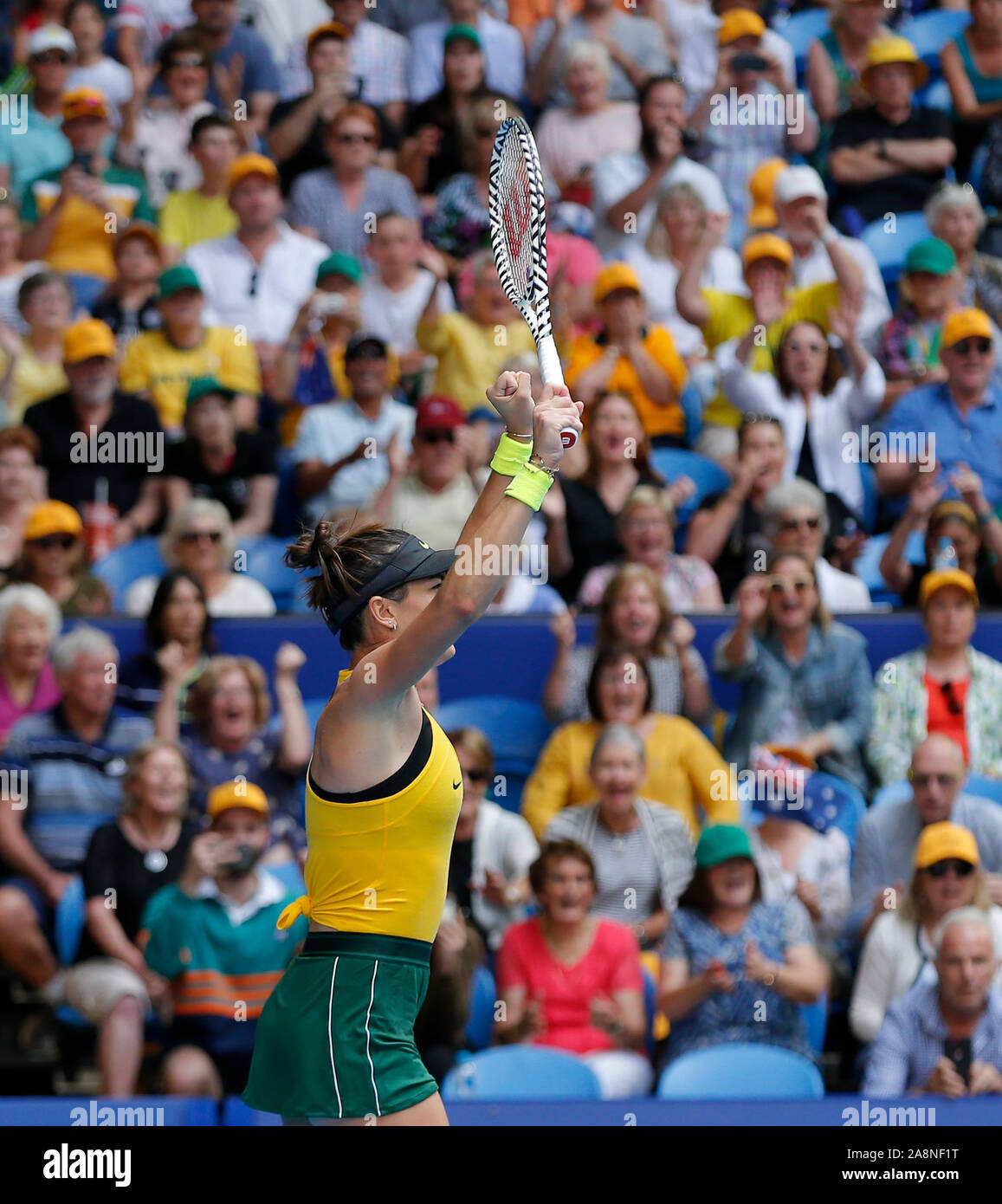 Perth, Australie. 10 Nov, 2019. 10 novembre 2019 RAC ; Arena, Perth, Australie occidentale, Australie ; Fed Cup par BNP Paribas Tennis finale, l'Australie contre la France ; Ajla Tomljanovic de l'Australie célèbre sa victoire match contre Pauline Parmentier de France Crédit : utilisation éditoriale Plus Sport Action Images/Alamy Live News Banque D'Images