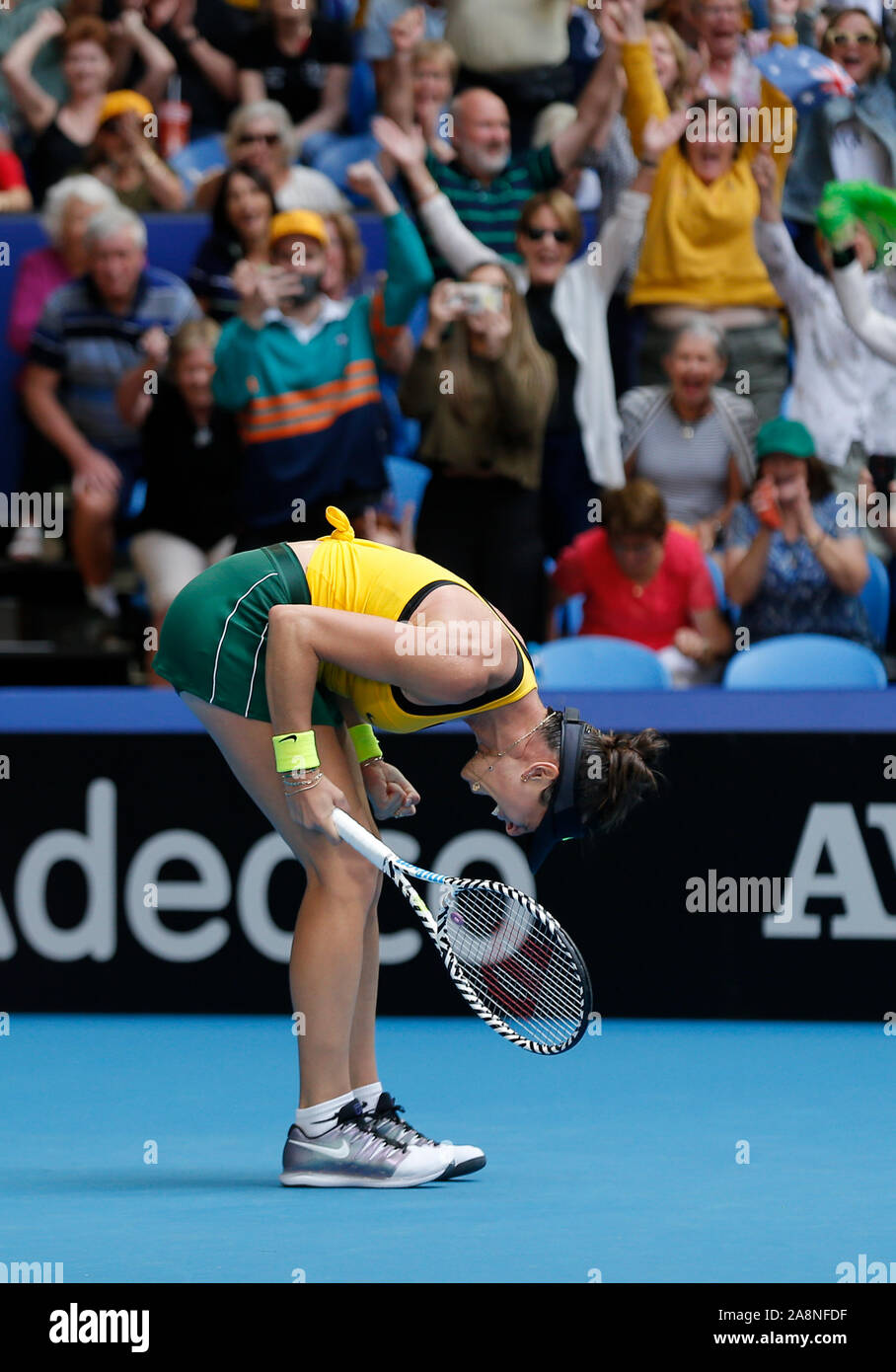 Perth, Australie. 10 Nov, 2019. 10 novembre 2019 RAC ; Arena, Perth, Australie occidentale, Australie ; Fed Cup par BNP Paribas Tennis finale, l'Australie contre la France ; Ajla Tomljanovic de l'Australie célèbre sa victoire match contre Pauline Parmentier de France Crédit : utilisation éditoriale Plus Sport Action Images/Alamy Live News Banque D'Images