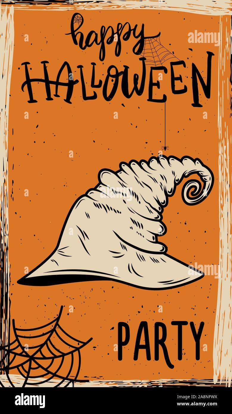 Modèle d'Halloween. Chapeau de sorcière sur grunge background. L'élément de conception pour poster, carte, bannière. Vector illustration Illustration de Vecteur