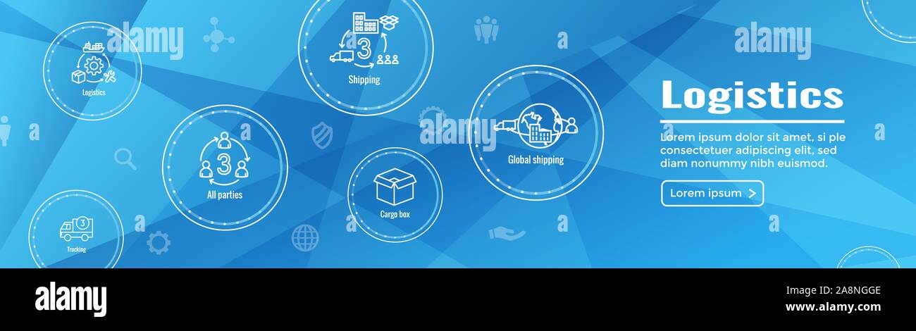 Icon Set logistique et web bannière d'en-tête w bâtiments, de camionnage, d'expédition et les gens fort Illustration de Vecteur