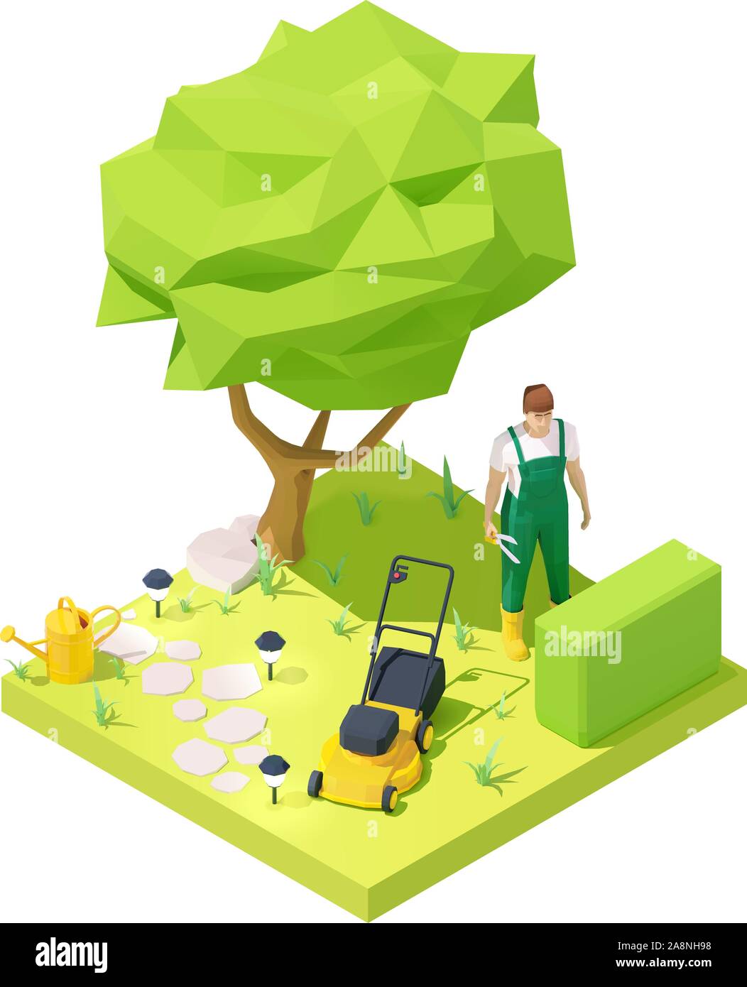 Jardinier isométrique vectoriel working in garden Illustration de Vecteur