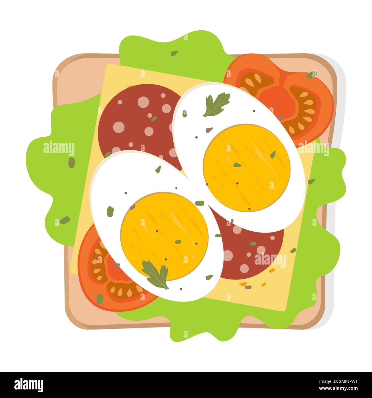 Toast avec œuf frit et des légumes. Sandwich avec pain, oeufs, fromage, tomate, saucisse, d'herbes et d'épices. Le mieux pour le petit-déjeuner. Vector illustration Illustration de Vecteur