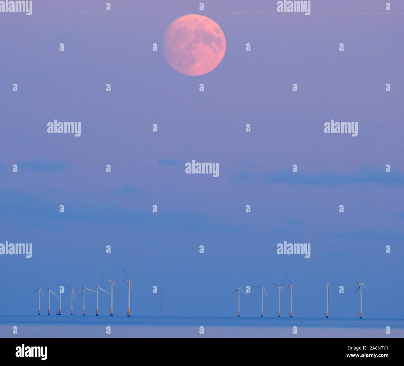 Minster sur Mer, Kent, UK. 10 novembre, 2019. Royaume-uni : la Météo près de pleine lune se lever au-dessus de la Kentish Flats windfarm vus de Minster sur Mer, Kent. Credit : James Bell/Alamy Live News Banque D'Images