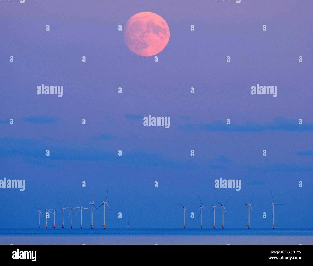 Minster sur Mer, Kent, UK. 10 novembre, 2019. Royaume-uni : la Météo près de pleine lune se lever au-dessus de la Kentish Flats windfarm vus de Minster sur Mer, Kent. Credit : James Bell/Alamy Live News Banque D'Images