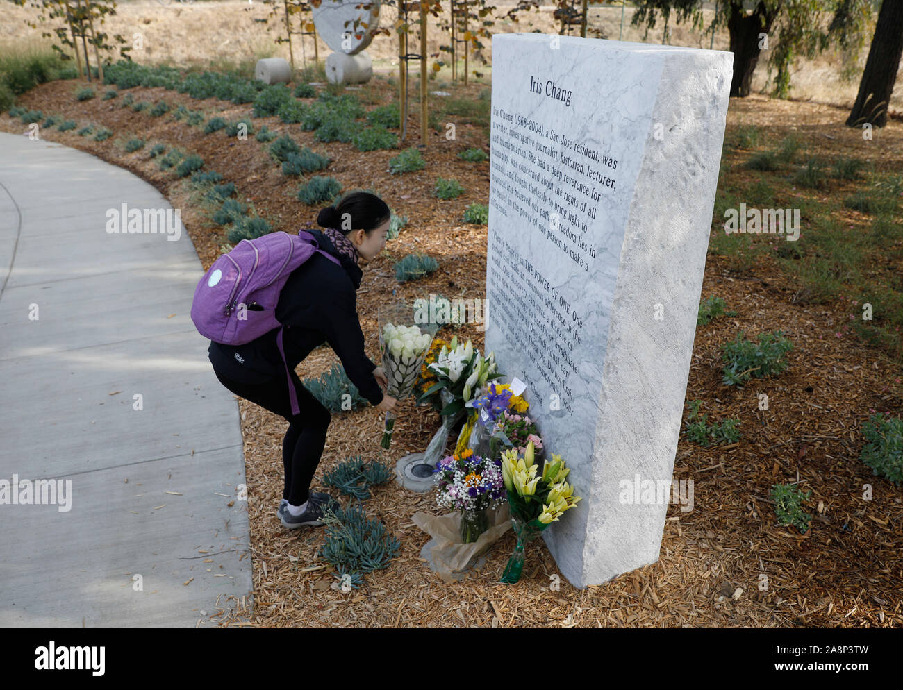 San Jose, États-Unis. 09Th Nov, 2019. Un visiteur présente un bouquet de fleurs en face d'une tablette inscrite avec une introduction d'Iris Chang à un parc commémoratif nommé d'après la fin de l'écrivain sino-américaine à San Jose, Californie, États-Unis, 9 novembre 2019. Les villes américaines, San Jose en Californie a dévoilé l'État samedi un parc commémoratif nommé d'après la fin de l'écrivain américaine Iris Chang, qui était réputé pour son livre sur la deuxième guerre mondiale, l'histoire, y compris l'invasion japonaise de la Chine. Les 2,6 acres (environ 10 522 mètres carrés) Park dans le nord de San Jose a ouvert au public le 9 novembre, t Credit : Xinhua/Alamy vivre Banque D'Images