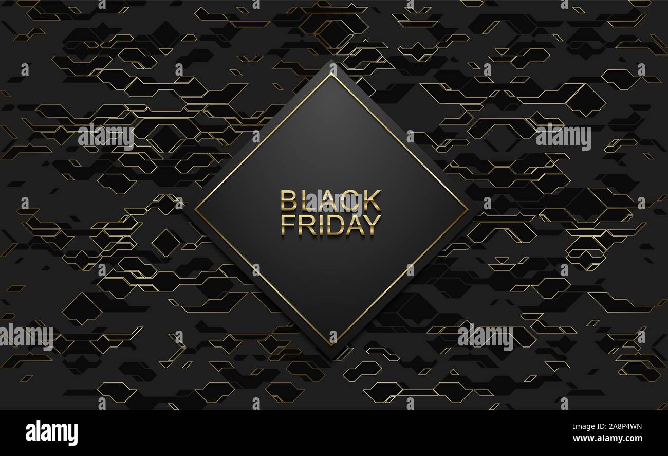 Le vendredi noir de la bannière de luxe. Texte d'or sur l'étiquette. châssis noir rhombus La technologie d'Or foncé géométrique motif de ligne de fond. Vector illustration. D'Accueil pour VIP Illustration de Vecteur