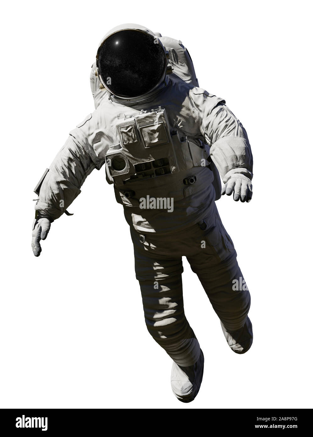 Au cours de l'astronaute dans l'espace, isolé sur fond blanc Banque D'Images