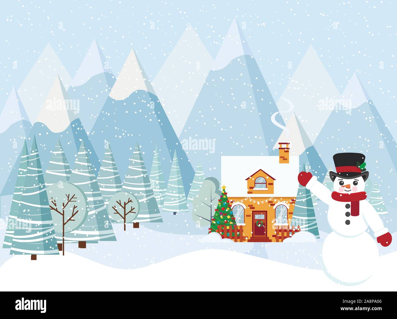 Paysage hiver noël avec bonhomme de neige, maison décorée, la fumée provient de la cheminée télévision cartoon style. Illustration de Vecteur