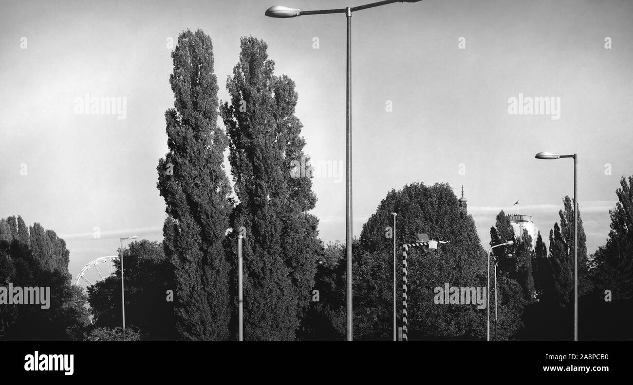 Noir et Blanc Résumé Panorama de monuments de Győr Ville avec arbres et lampadaires Banque D'Images