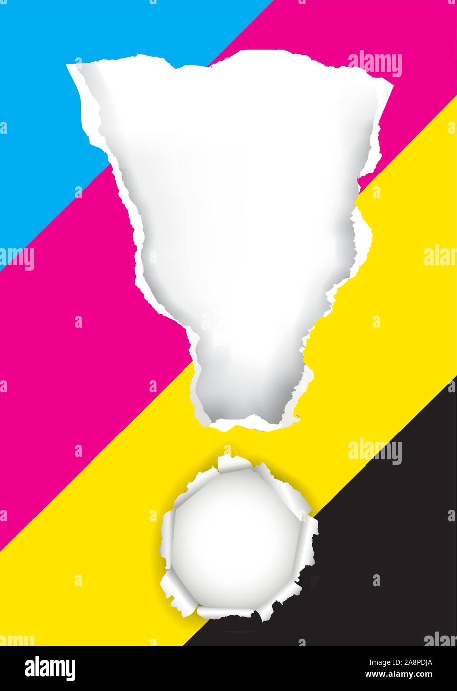 Exclamation avec des couleurs d'impression. Exclamation avec des couleurs d'impression et papier déchiré. Concept pour la présentation de l'impression couleur. Vector disponible Illustration de Vecteur