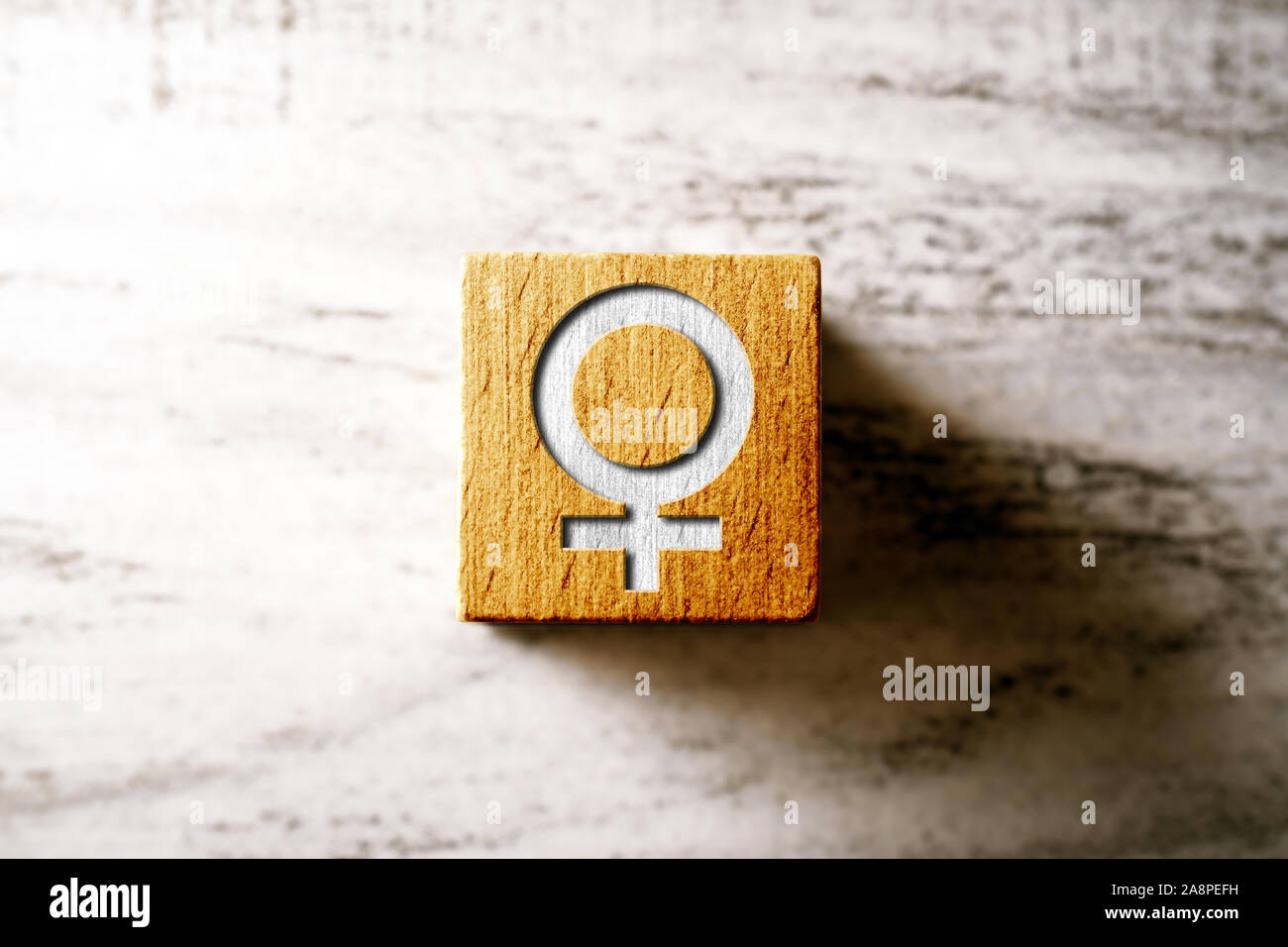 L'icône de femelle sur un bloc de bois d'Orange sur la table Banque D'Images