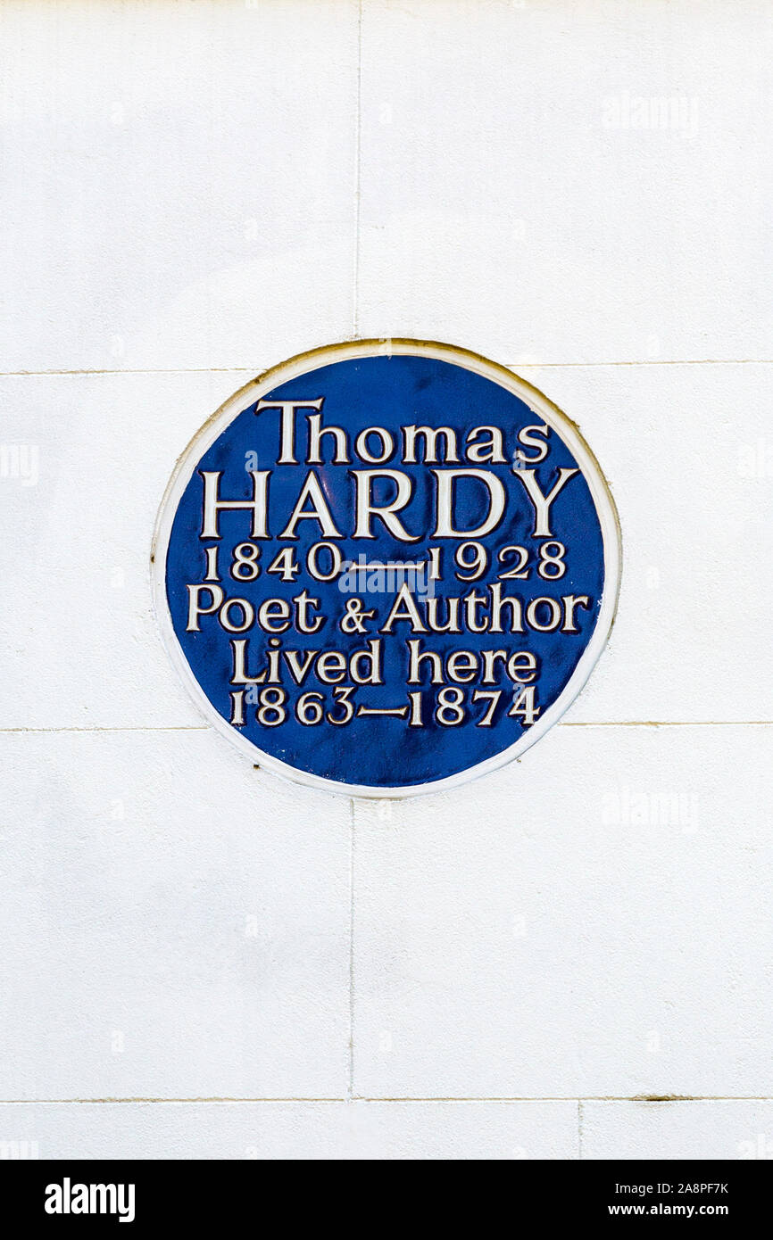 Plaque bleue pour l'auteur et poète Thomas Hardy, Londres, Royaume-Uni Banque D'Images