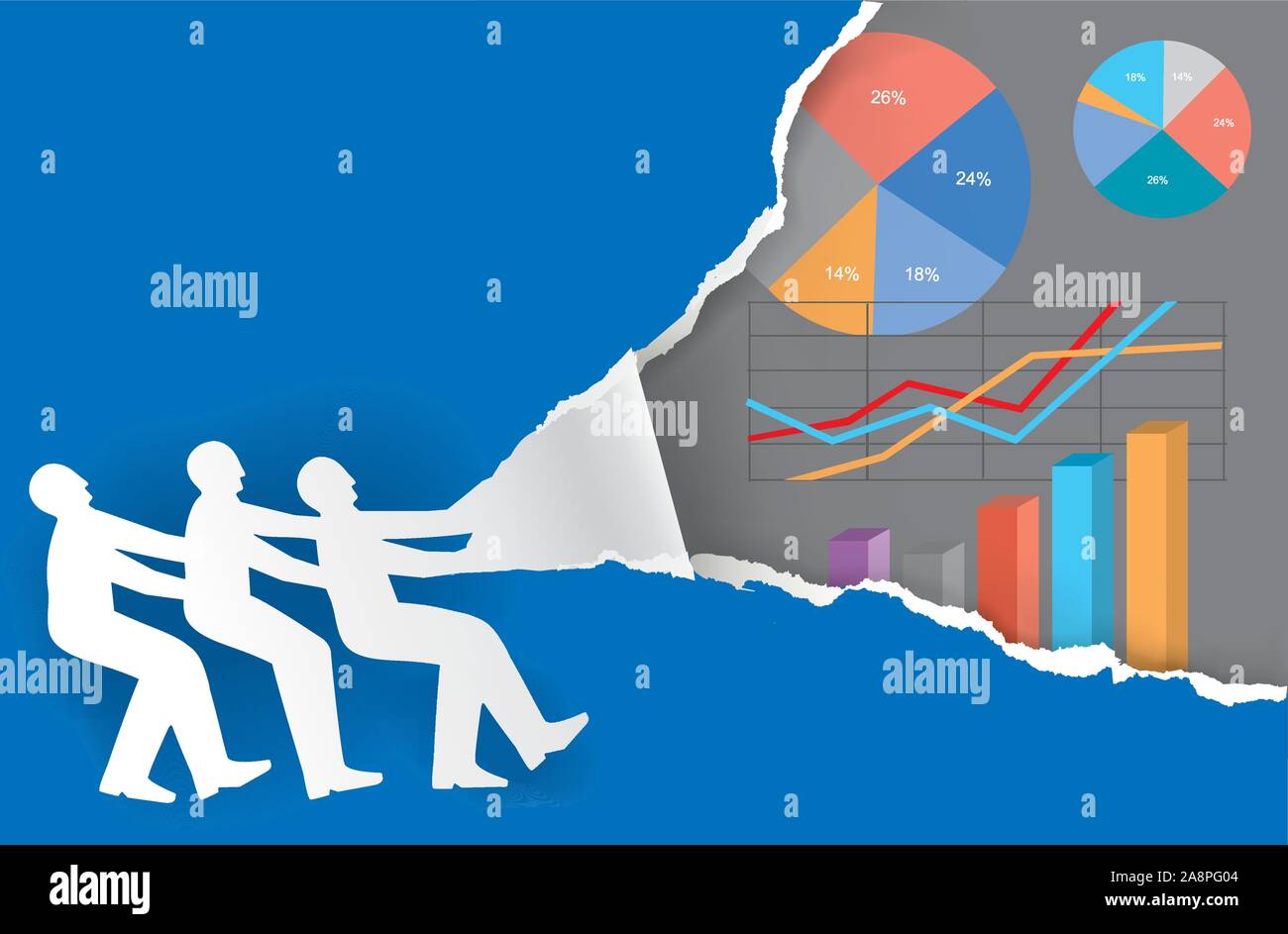 L'équipe de travail Présentation des résultats économiques. Trois silhouettes masculines déchiré papier bleu avec des tableaux de l'économie contexte. Vector disponibles. Illustration de Vecteur