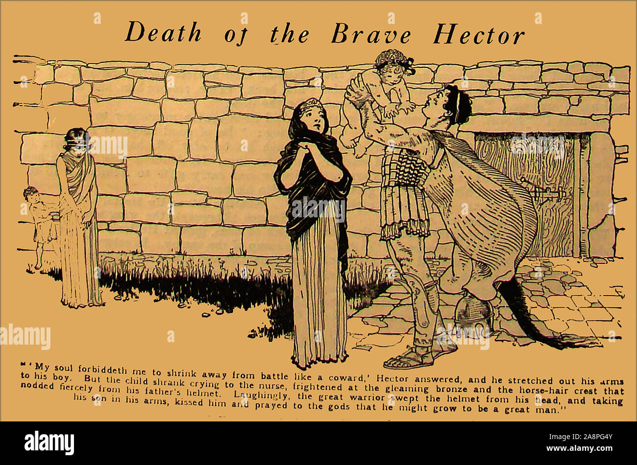 Un style vintage cartoon illustration montrant l'Hector héros mythologiques grecs et romains juste avant sa mort au combat. Il était un prince troyen et héros de la guerre de Troie. Traditionnellement il était le premier-né des fils du roi Priam et de la Reine Hecuba, un descendant de Dardanus et Tros, le fondateur de Troie et était marié à Andromaque, avec qui il a eu un fils, Scamandrius (que le peuple de Troie appelé Astyanax) (indiqué sur l'illustration). Banque D'Images