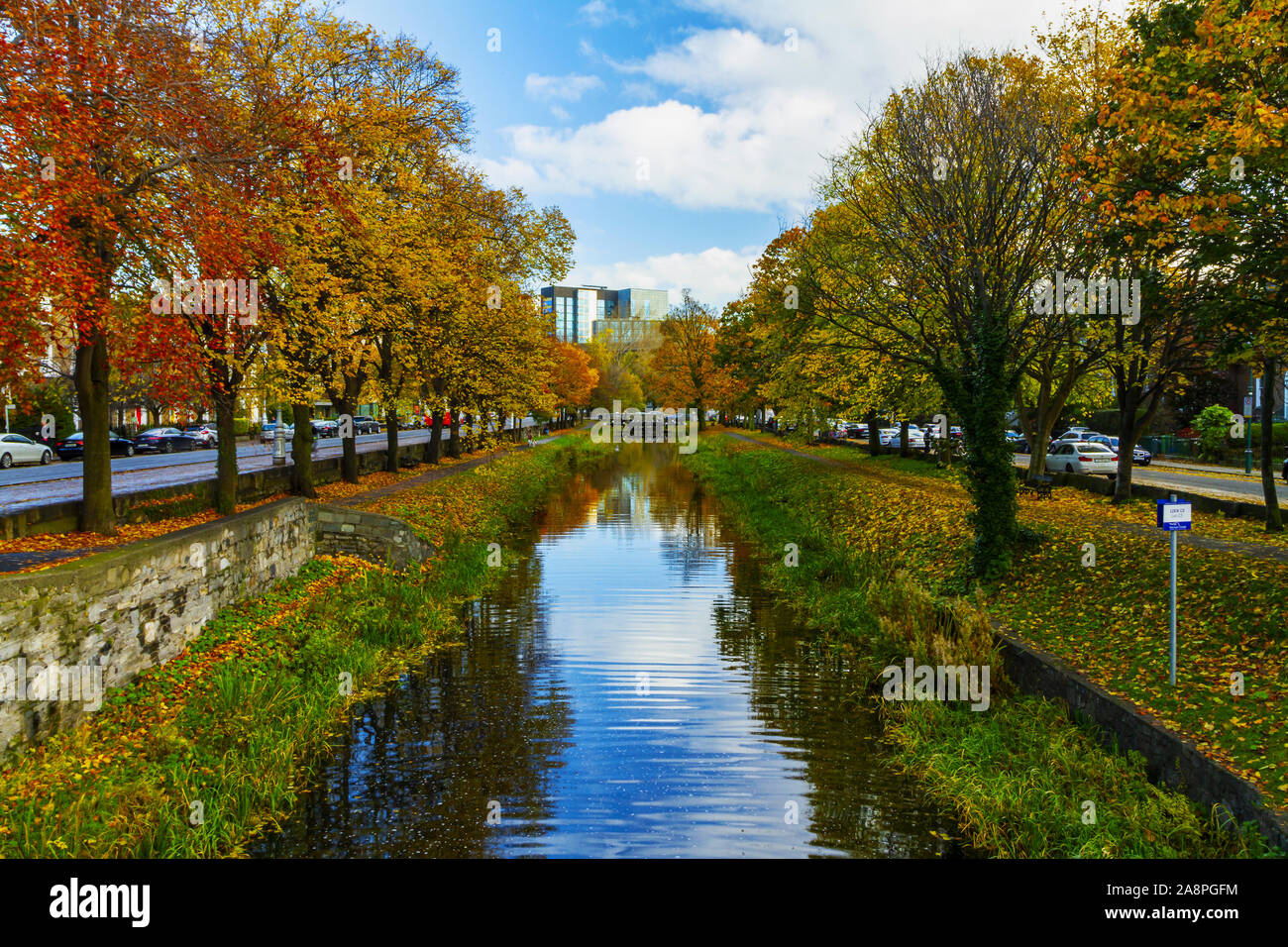Vue du Grand Canal Pont Huband avec Dublin / coloré d'automne feuillage d'automne, montrant les chemins de halage le long des canaux, des arbres et de l'herbe. Blocage du canal C3 Banque D'Images