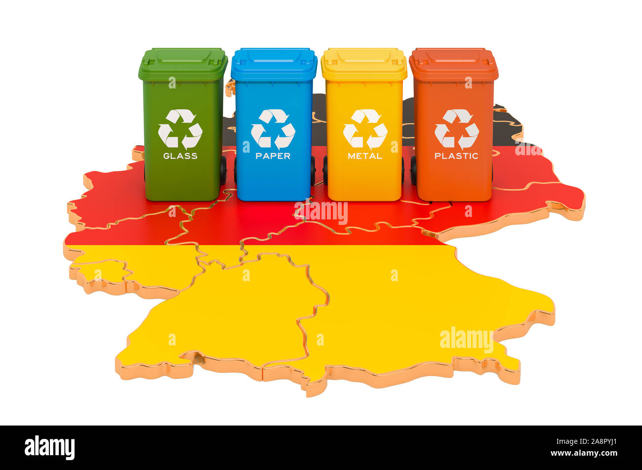 Le recyclage des déchets en Allemagne. Poubelles de couleur sur la carte de  l'Allemagne, 3D Rendering isolé sur fond blanc Photo Stock - Alamy