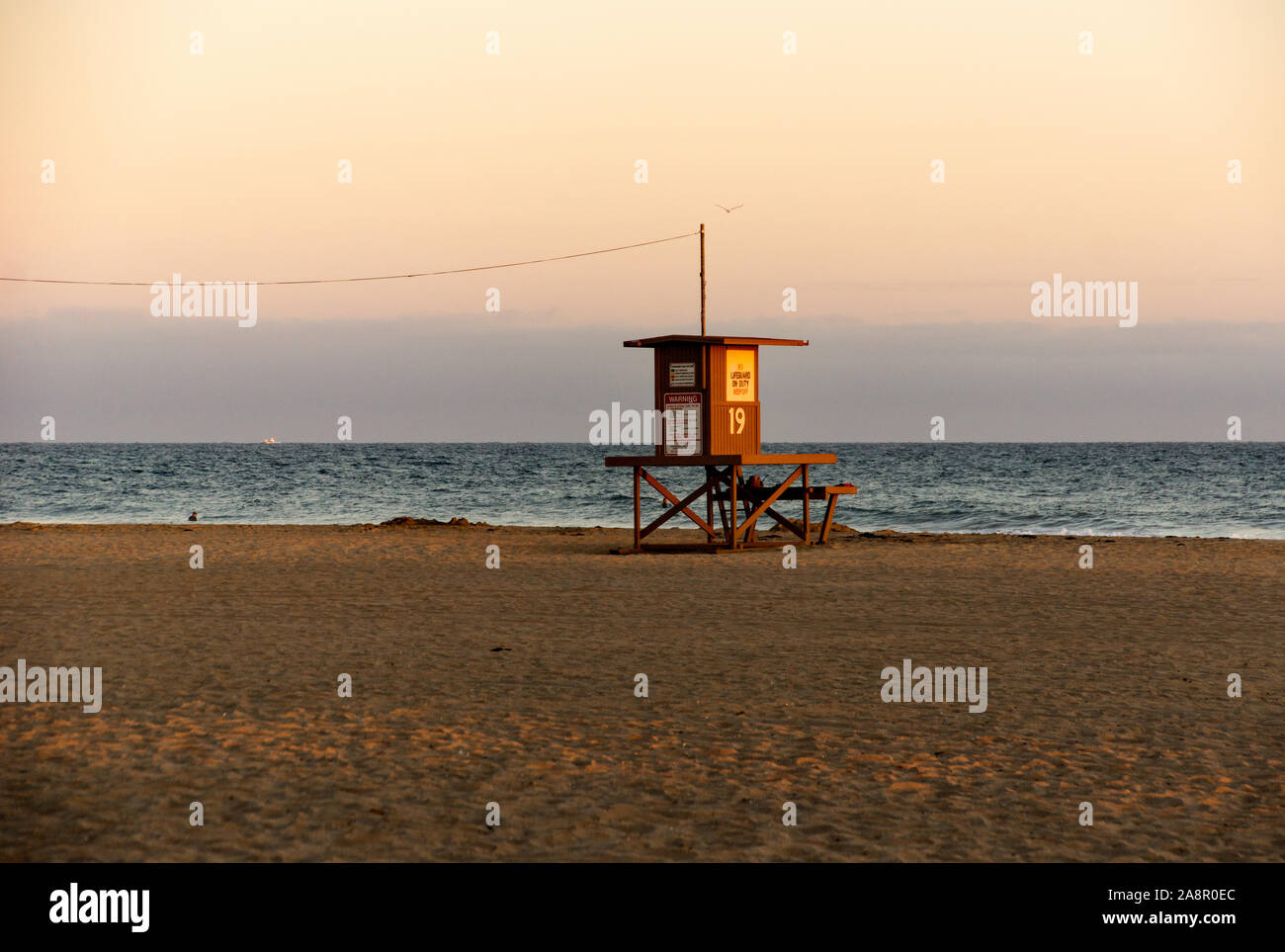 Newport, California/USA- 18 juillet 2019 : un ciel rouge au coucher du soleil sur l'océan Pacifique et d'un seul palmier sur Newport Beach en Californie. Le lifeguar Banque D'Images