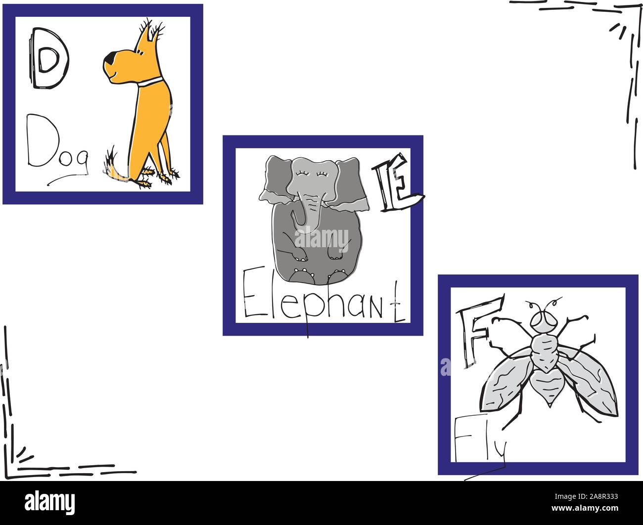 Alphabet dessiné à la main, la police, les lettres. ABC Doodle pour les enfants avec des animaux mignons personnages. Illustration vectorielle, isolé sur fond blanc. Illustration de Vecteur