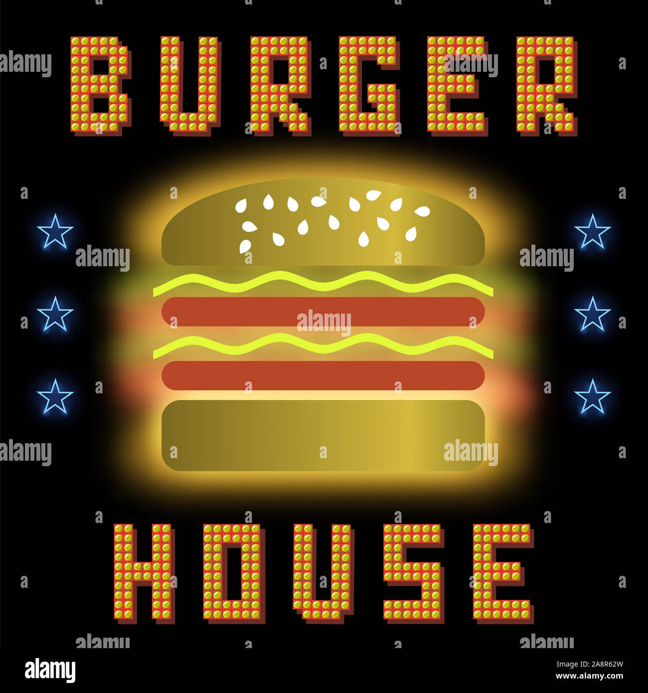 Burger House Neon Sign colorés sur fond noir. Signe de restauration rapide Banque D'Images