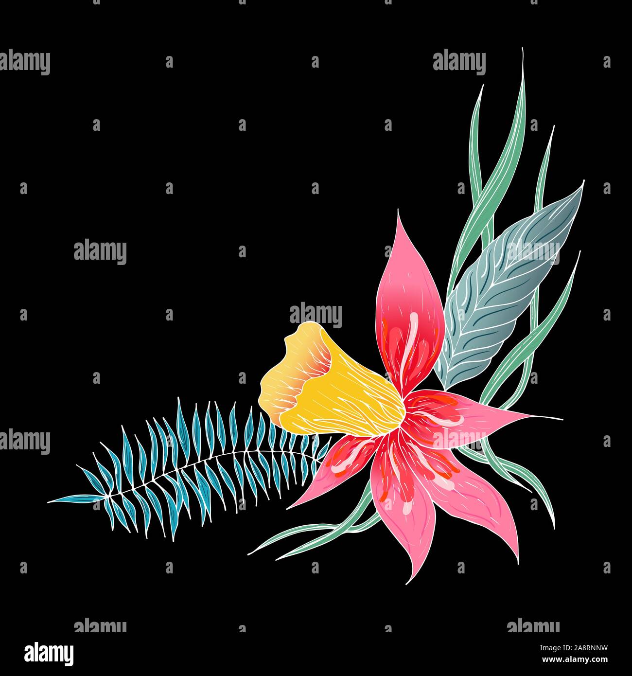 Dessinés à la main, gravée abstract orchid. Fleurs rétro contour main orchidée, grande conception pour tout usage. Contours vecteur. Arrière-plan de la nature. Scieries de pla Illustration de Vecteur